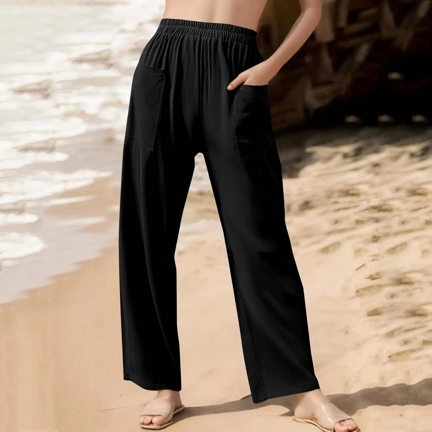Women Beach Fashion Women Beach Fashion Women's Linen Blend High Waisted Straight Pants, Elastic Drawstring Waist