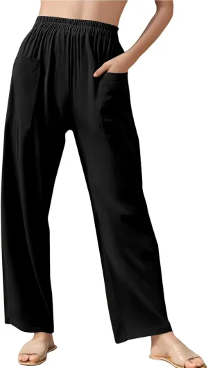 Women Beach Fashion Women Beach Fashion Women's Linen Blend High Waisted Straight Pants, Elastic Drawstring Waist