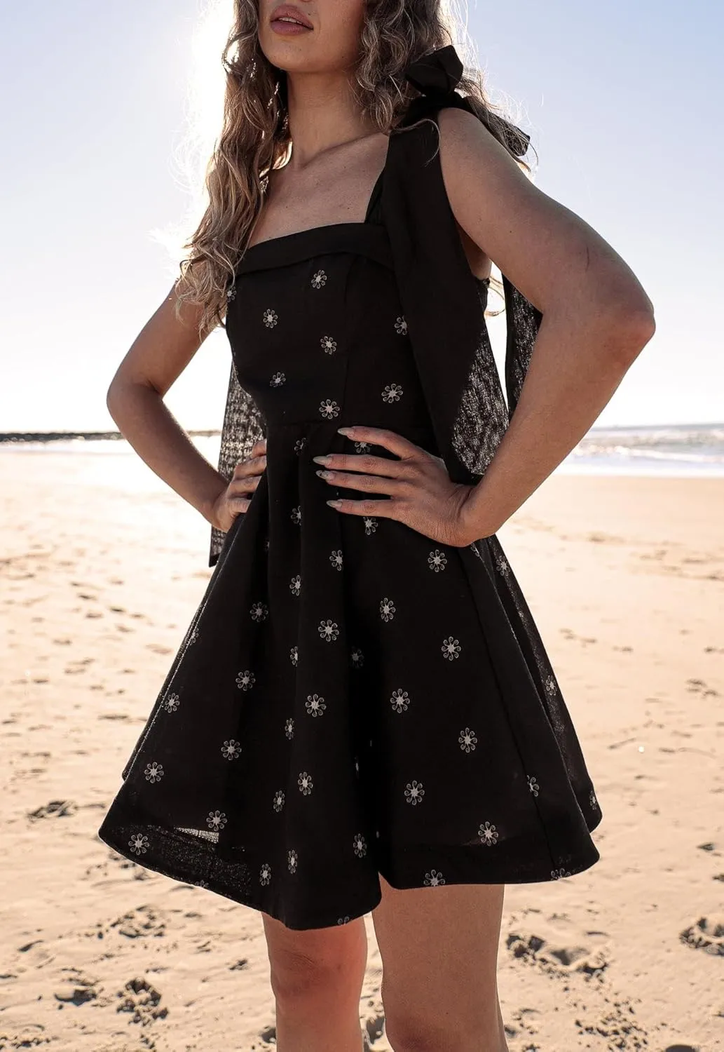 Women Boho Tie Shoulder Mini Dress Y2k Floral Spaghetti Strap Short Dress Flowy A Line Sundress Summer Streetwear