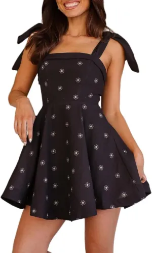 Women Boho Tie Shoulder Mini Dress Y2k Floral Spaghetti Strap Short Dress Flowy A Line Sundress Summer Streetwear