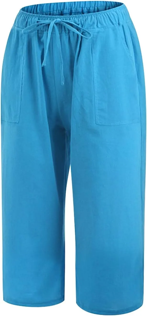 Women Cotton Linen Summer Boho Pants High Waist Ankle Length Plus Size Trouser Travel
