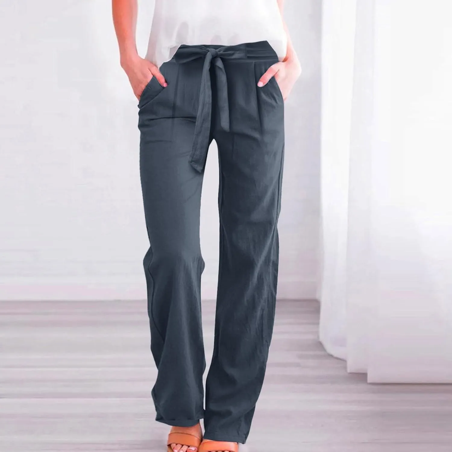 Women Cotton Linen Summer Flowy Pants Elastic Waist Wide Leg Slim-Fit Pants Office