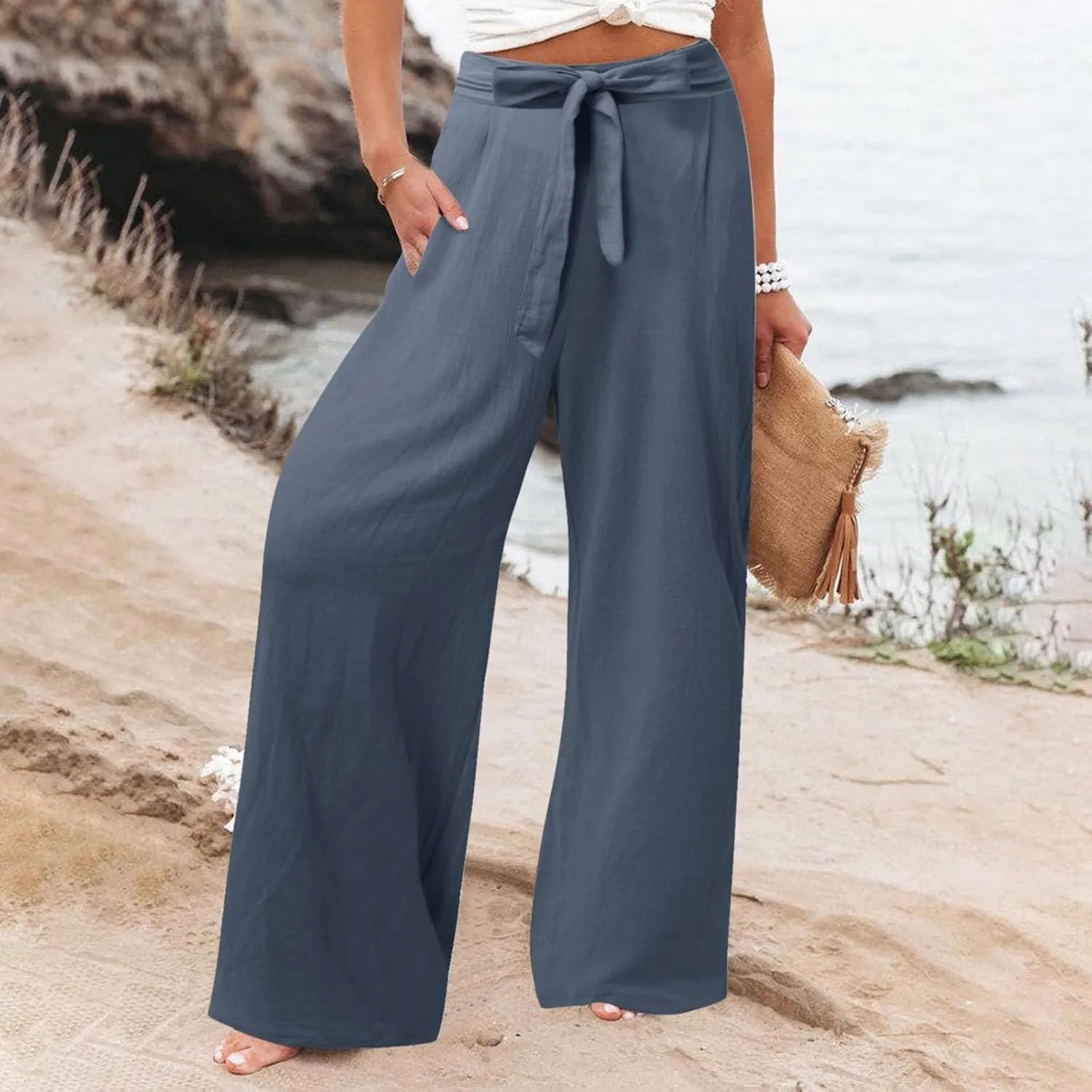 Women Cotton Linen Summer Flowy Pants Elastic Waist Wide Leg Slim-Fit Pants Office