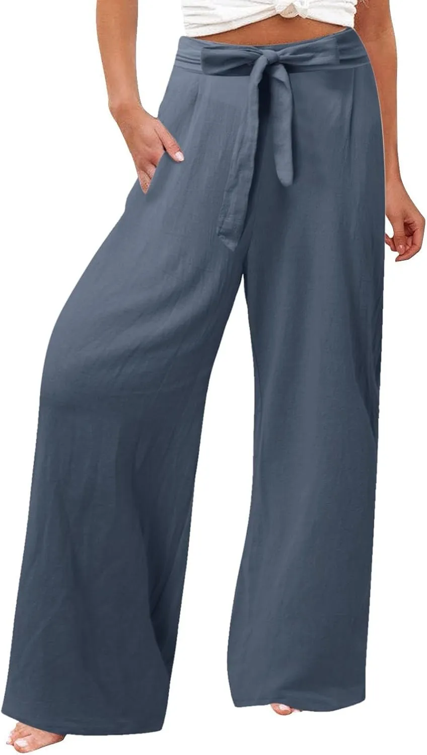 Women Cotton Linen Summer Flowy Pants Elastic Waist Wide Leg Slim-Fit Pants Office