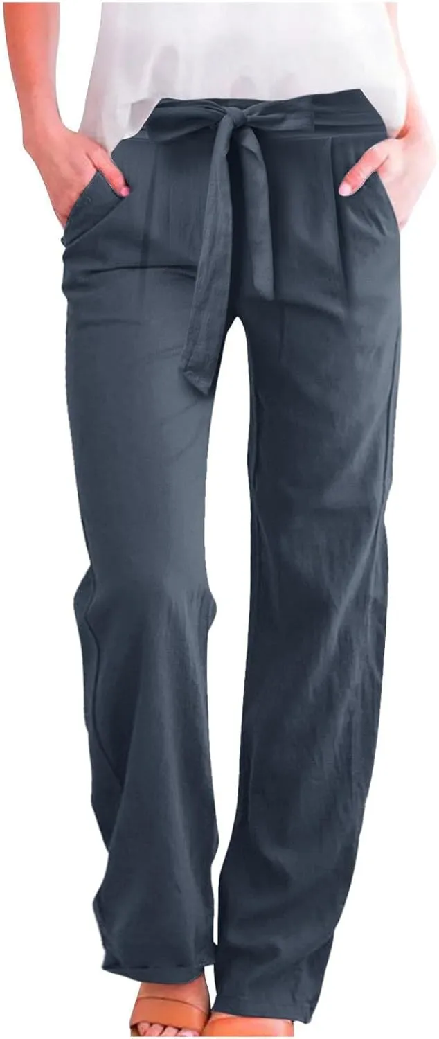 Women Cotton Linen Summer Flowy Pants Elastic Waist Wide Leg Slim-Fit Pants Office