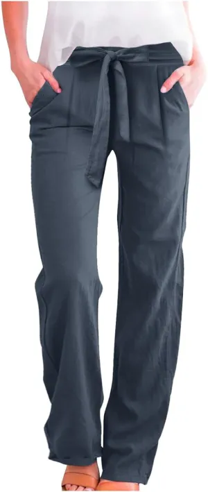 Women Cotton Linen Summer Flowy Pants Elastic Waist Wide Leg Slim-Fit Pants Office