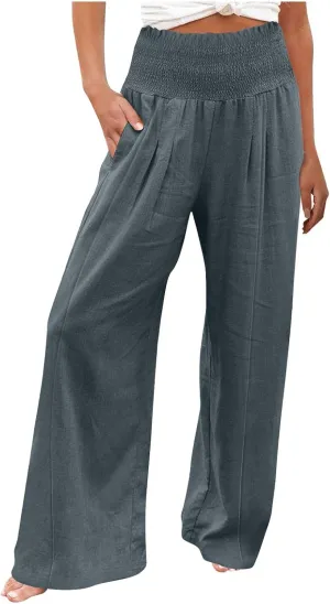 Women Cotton Linen Summer Printed Palazzo Pants High Waist Wide Leg Slim-Fit Trouser Work Business