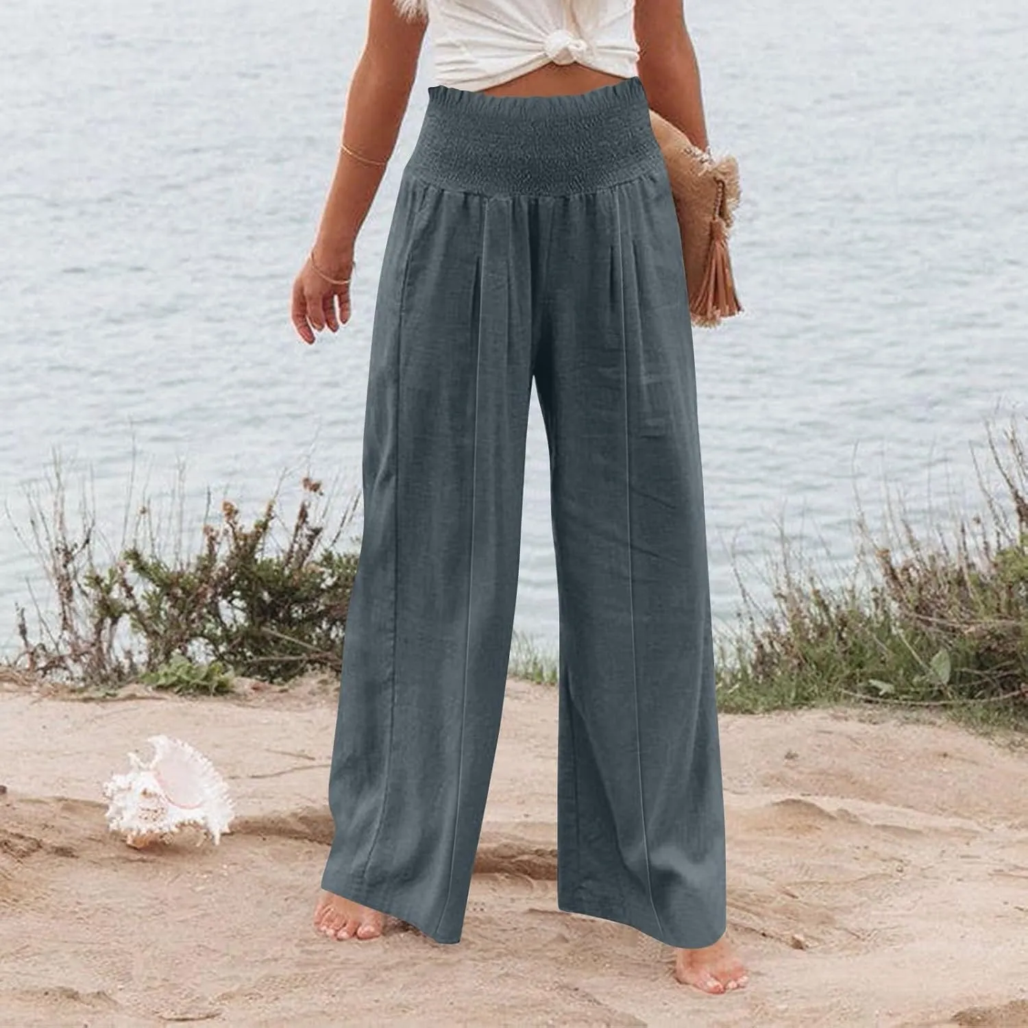 Women Cotton Linen Summer Printed Palazzo Pants High Waist Wide Leg Slim-Fit Trouser Work Business