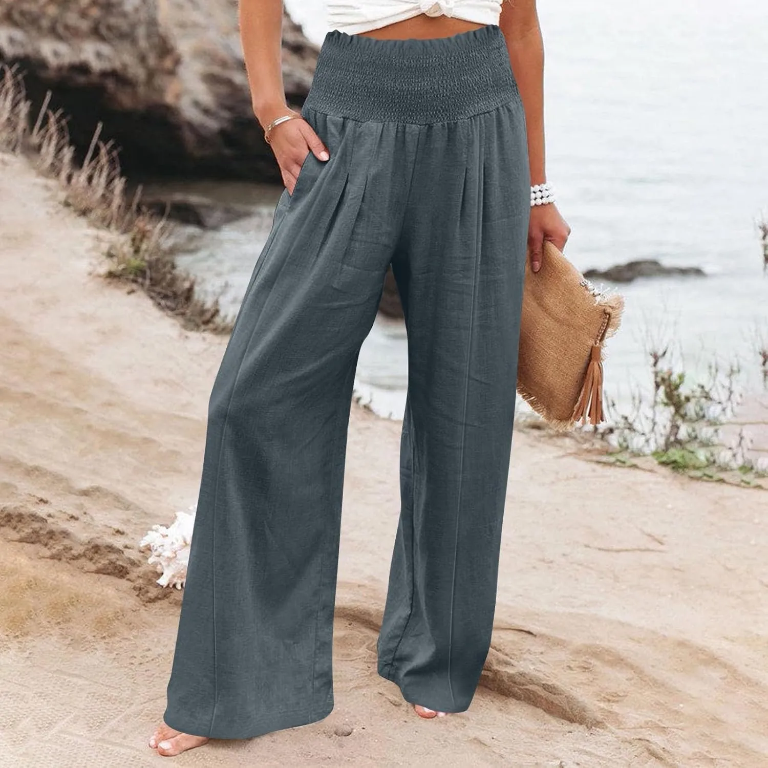 Women Cotton Linen Summer Printed Palazzo Pants High Waist Wide Leg Slim-Fit Trouser Work Business