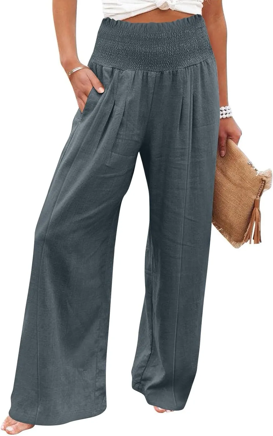 Women Cotton Linen Summer Printed Palazzo Pants High Waist Wide Leg Slim-Fit Trouser Work Business