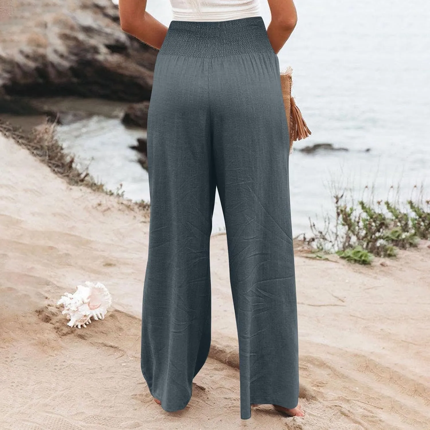 Women Cotton Linen Summer Printed Palazzo Pants High Waist Wide Leg Slim-Fit Trouser Work Business