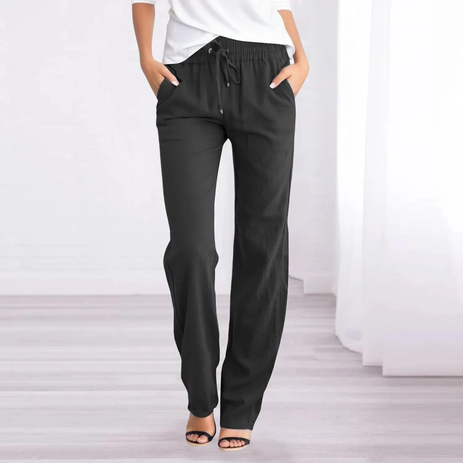 Women Cotton Linen Summer Y2K Fashion Palazzo Lounge Pants High Waist Straight Slim-Fit Trousers Vacation