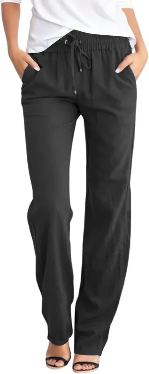 Women Cotton Linen Summer Y2K Fashion Palazzo Lounge Pants High Waist Straight Slim-Fit Trousers Vacation