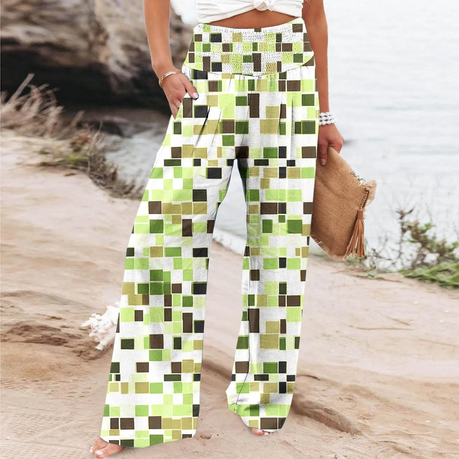 Women Floral Print Linen Palazzo Pants Summer Boho Wide Leg High Waist Lounge Pant Beach Travel Vacation Outfits