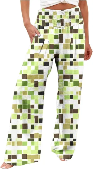 Women Floral Print Linen Palazzo Pants Summer Boho Wide Leg High Waist Lounge Pant Beach Travel Vacation Outfits