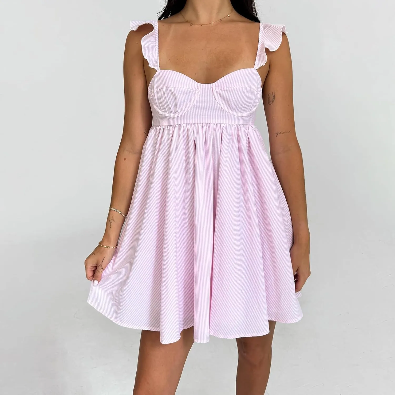 Women Halter Ruffle Dresses Sleeveless Backless Floral Print A-line Dress High Waist Square Neck Sundress