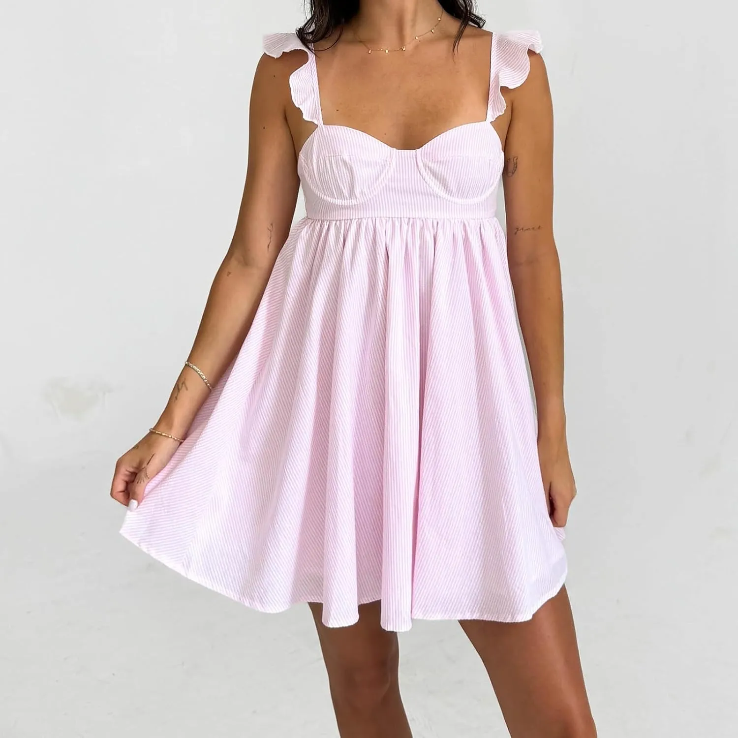 Women Halter Ruffle Dresses Sleeveless Backless Floral Print A-line Dress High Waist Square Neck Sundress