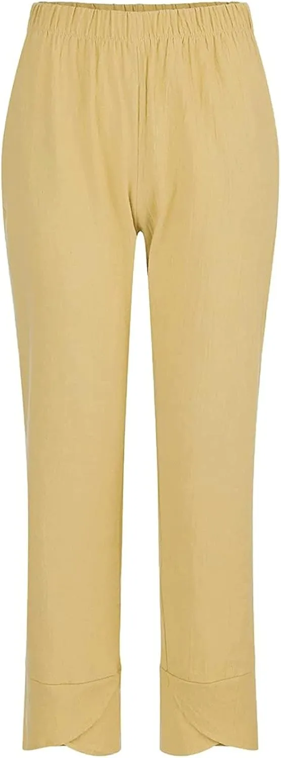 Women High Rise Casual Solid Linen Dressy Capri Pants 2024 Summer Casual Pants Cropped Tapered Travel Beach Outfits