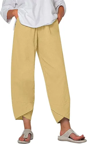 Women High Rise Casual Solid Linen Dressy Capri Pants 2024 Summer Casual Pants Cropped Tapered Travel Beach Outfits