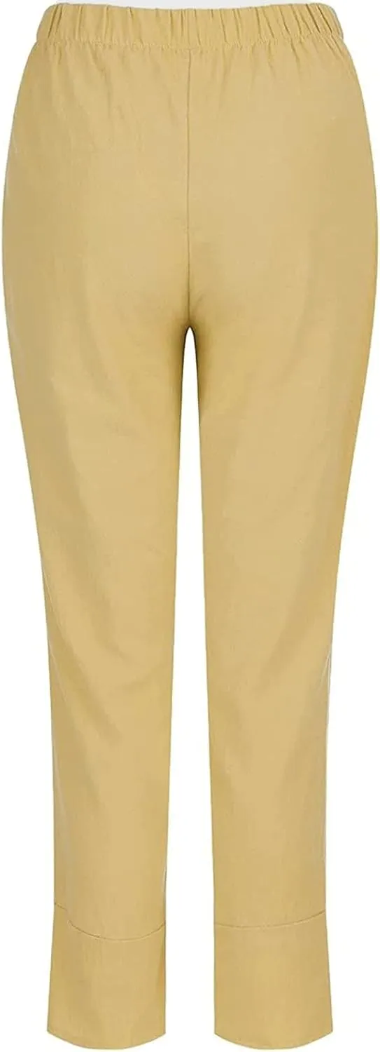 Women High Rise Casual Solid Linen Dressy Capri Pants 2024 Summer Casual Pants Cropped Tapered Travel Beach Outfits