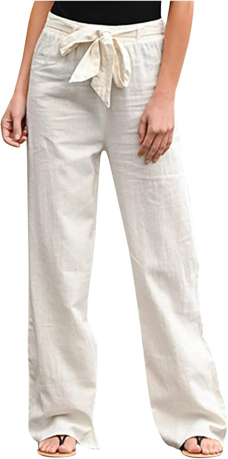 Women High Waisted Tie Knot Palazzo Trousers 2024 Summer Cotton Linen Pants Casual Baggy Wide Leg Lounge Pants with Pocket