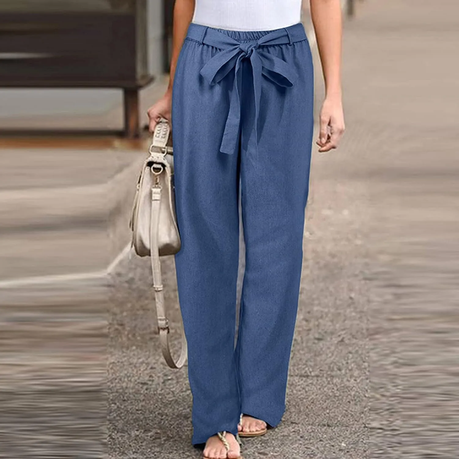 Women High Waisted Tie Knot Palazzo Trousers 2024 Summer Cotton Linen Pants Casual Baggy Wide Leg Lounge Pants with Pocket