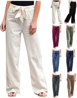 Women High Waisted Tie Knot Palazzo Trousers 2024 Summer Cotton Linen Pants Casual Baggy Wide Leg Lounge Pants with Pocket