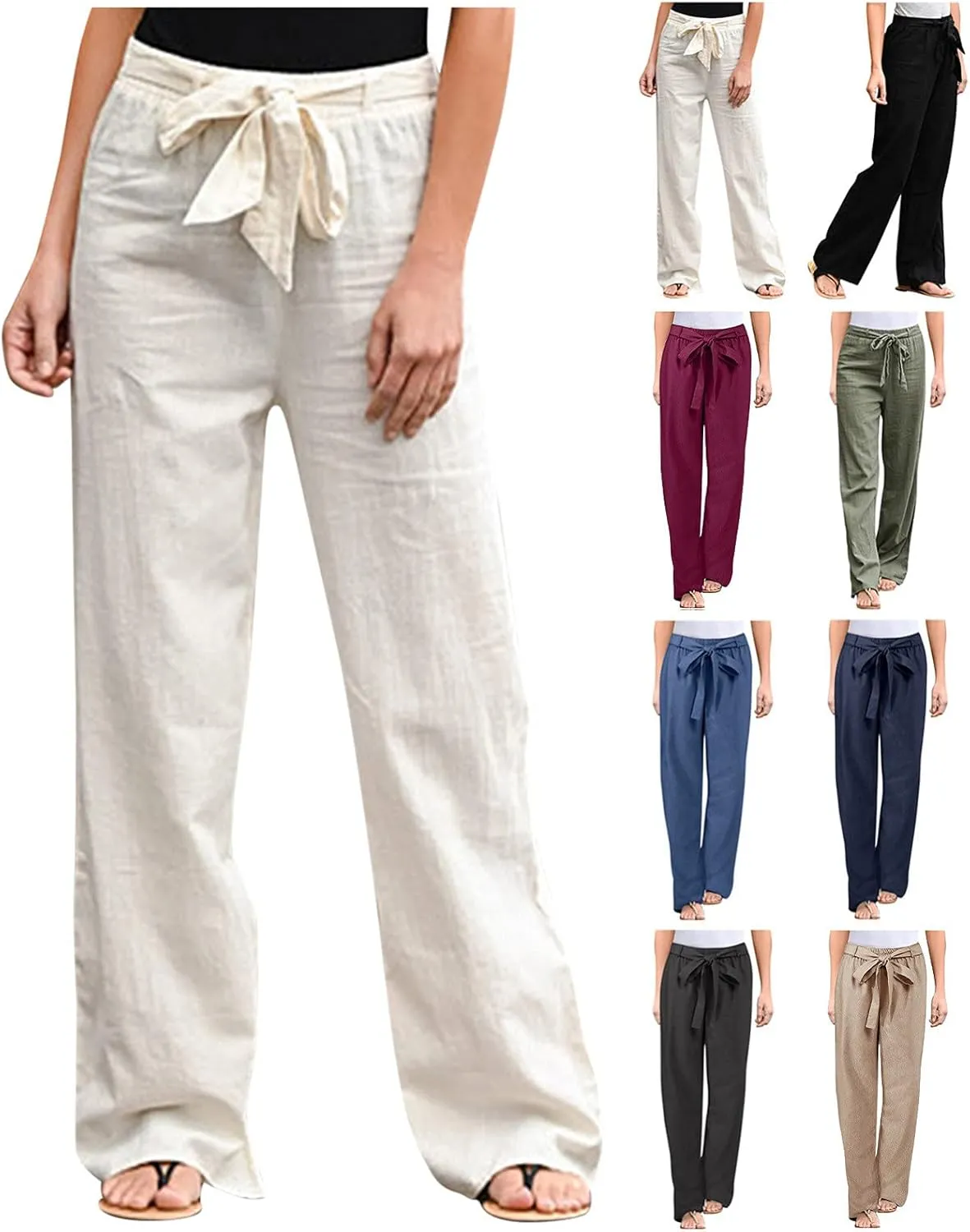 Women High Waisted Tie Knot Palazzo Trousers 2024 Summer Cotton Linen Pants Casual Baggy Wide Leg Lounge Pants with Pocket