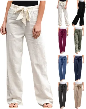 Women High Waisted Tie Knot Palazzo Trousers 2024 Summer Cotton Linen Pants Casual Baggy Wide Leg Lounge Pants with Pocket