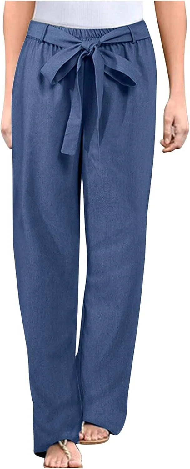 Women High Waisted Tie Knot Palazzo Trousers 2024 Summer Cotton Linen Pants Casual Baggy Wide Leg Lounge Pants with Pocket