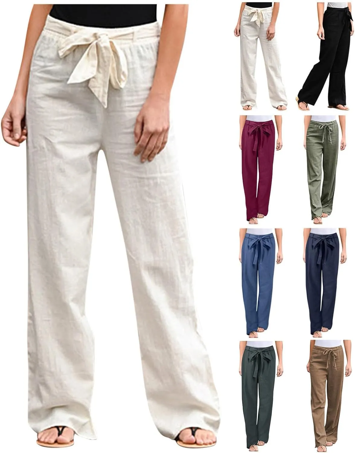 Women High Waisted Tie Knot Palazzo Trousers 2024 Summer Cotton Linen Pants Casual Baggy Wide Leg Lounge Pants with Pocket