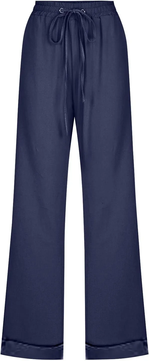 Women Linen Blend Summer Printed Pants Low Waist Wide Leg Slim Fit Pants Trendy