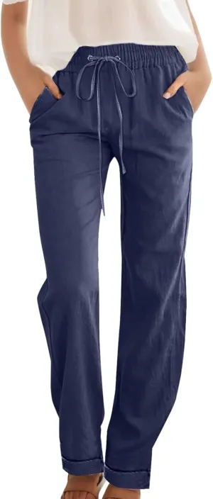 Women Linen Blend Summer Printed Pants Low Waist Wide Leg Slim Fit Pants Trendy