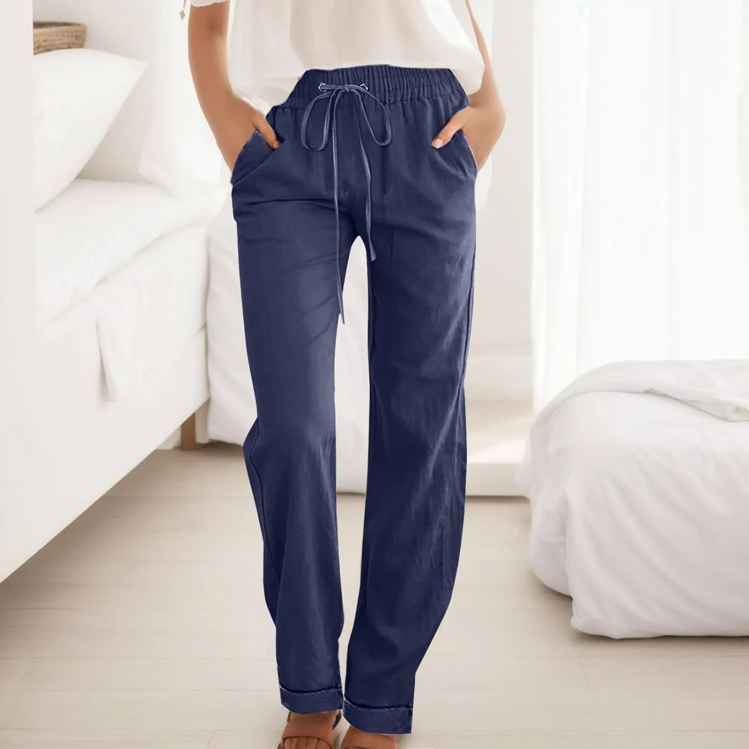 Women Linen Blend Summer Printed Pants Low Waist Wide Leg Slim Fit Pants Trendy