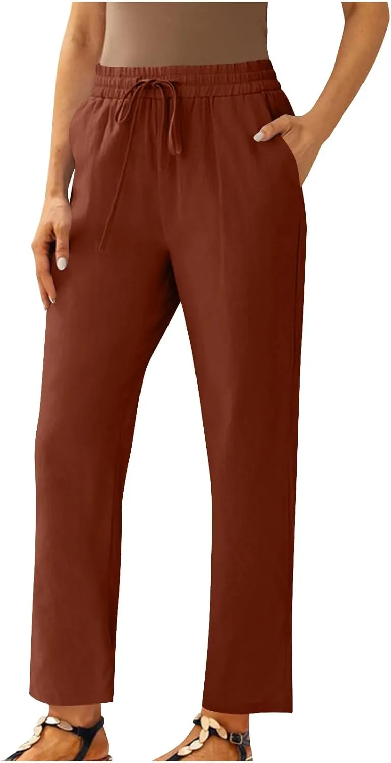 Women Linen Cropped Pants High Waist Comfy Straight Leg Capris Pant Casua Lightweight Loose Ankle Length Work Trousers