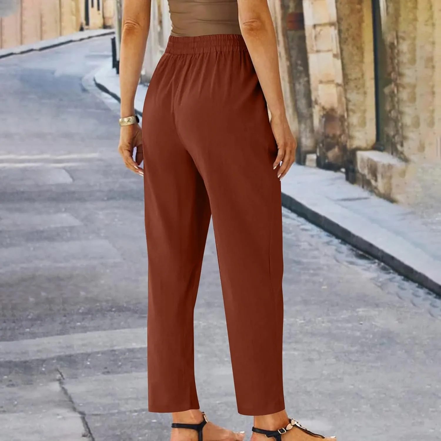 Women Linen Cropped Pants High Waist Comfy Straight Leg Capris Pant Casua Lightweight Loose Ankle Length Work Trousers