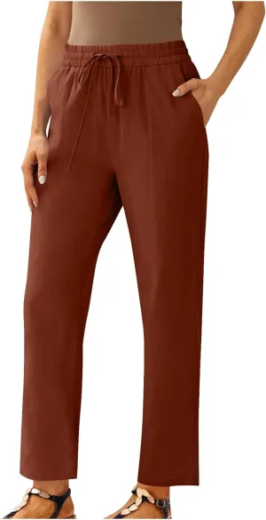 Women Linen Cropped Pants High Waist Comfy Straight Leg Capris Pant Casua Lightweight Loose Ankle Length Work Trousers