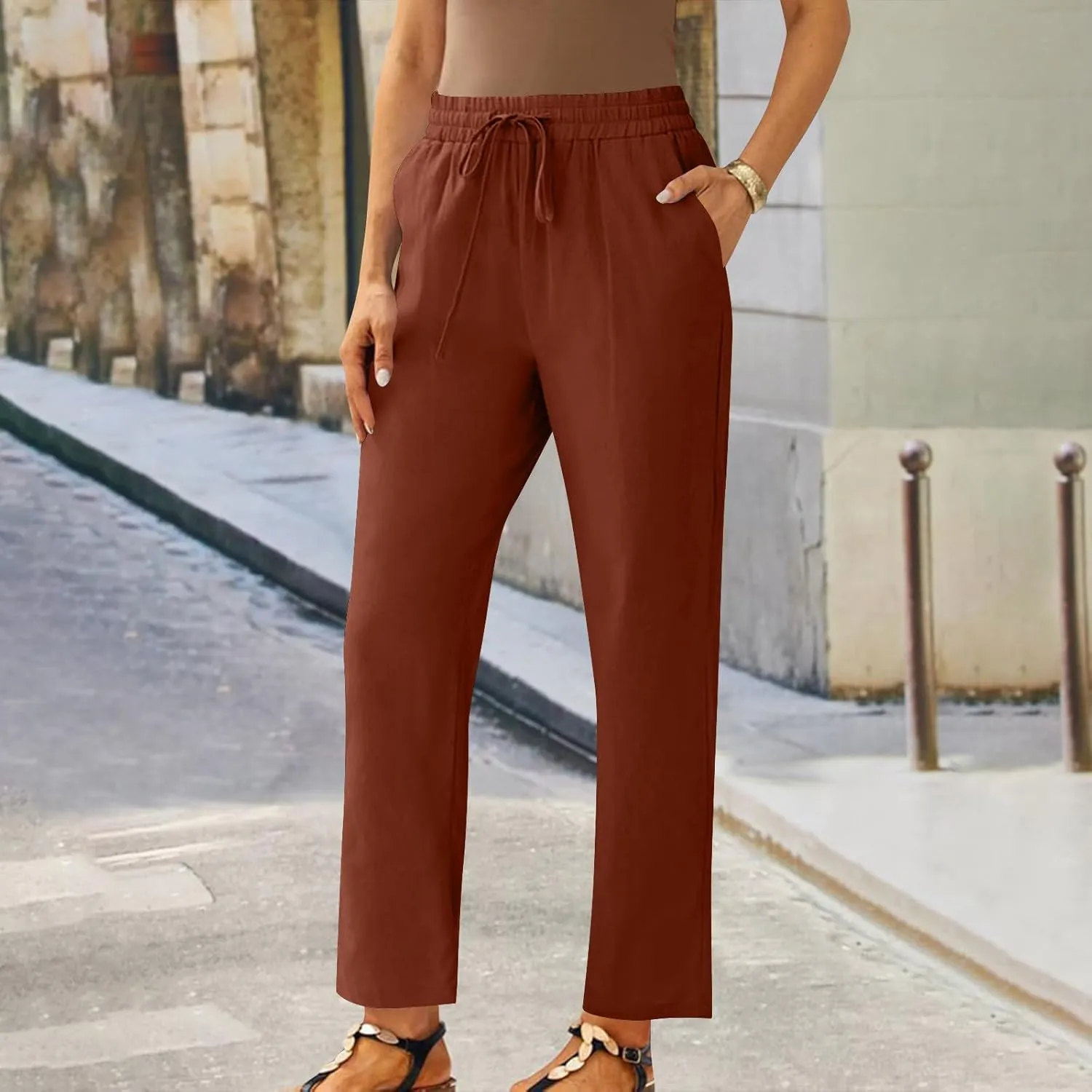 Women Linen Cropped Pants High Waist Comfy Straight Leg Capris Pant Casua Lightweight Loose Ankle Length Work Trousers