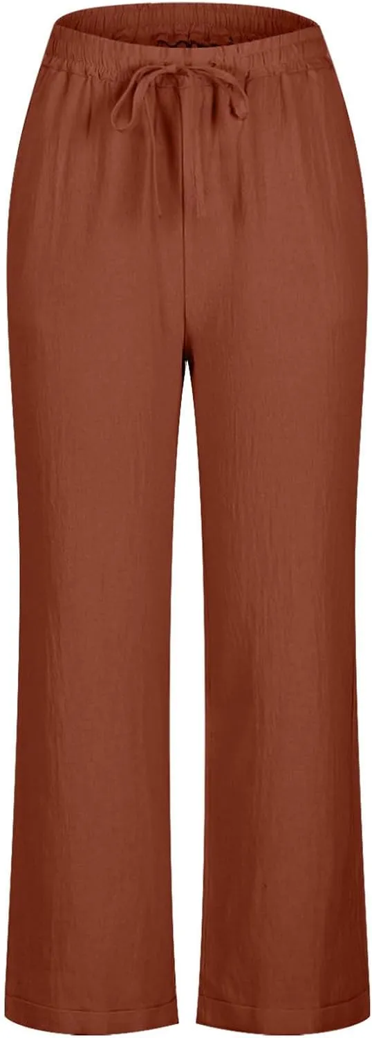 Women Linen Cropped Pants High Waist Comfy Straight Leg Capris Pant Casua Lightweight Loose Ankle Length Work Trousers