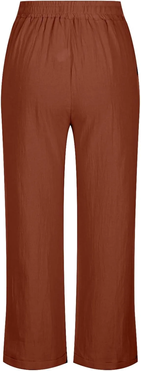 Women Linen Cropped Pants High Waist Comfy Straight Leg Capris Pant Casua Lightweight Loose Ankle Length Work Trousers