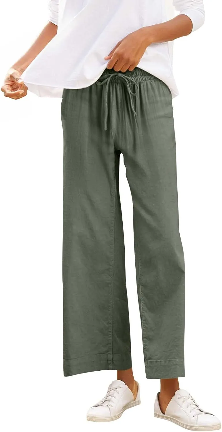 Women Linen Dress Pants Wide Leg Capri Pant Summer High Waisted Cropped Slacks Boho Flowy Palazzo Trouser with Pockets