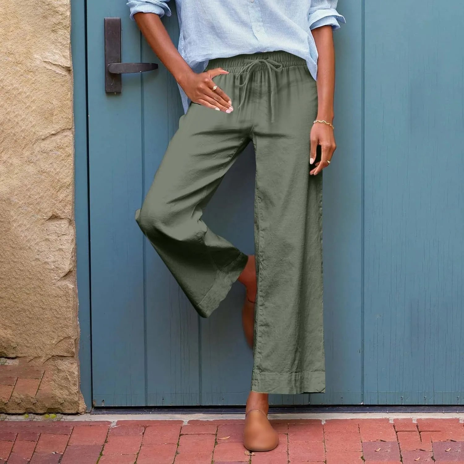 Women Linen Dress Pants Wide Leg Capri Pant Summer High Waisted Cropped Slacks Boho Flowy Palazzo Trouser with Pockets