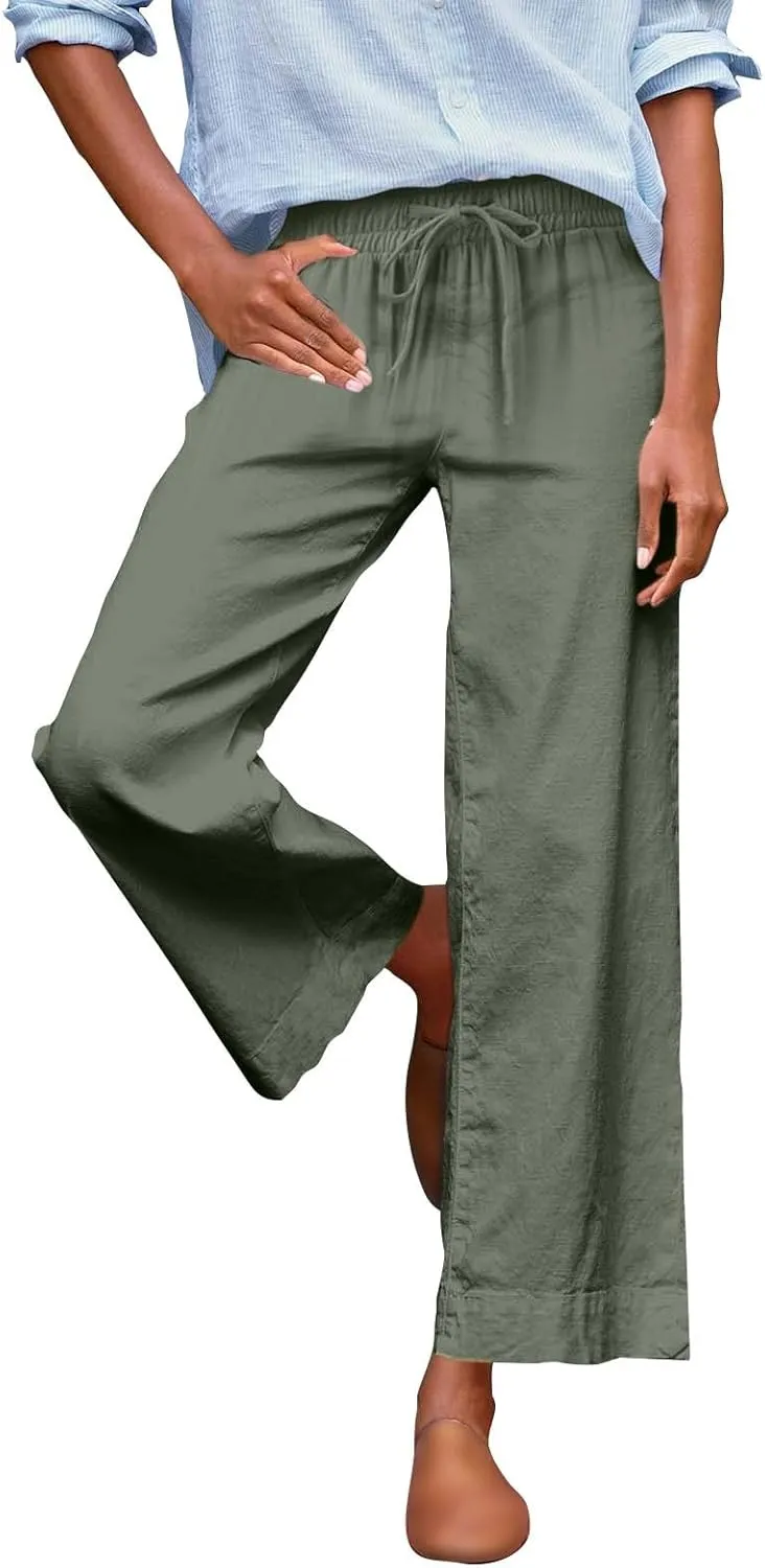 Women Linen Dress Pants Wide Leg Capri Pant Summer High Waisted Cropped Slacks Boho Flowy Palazzo Trouser with Pockets
