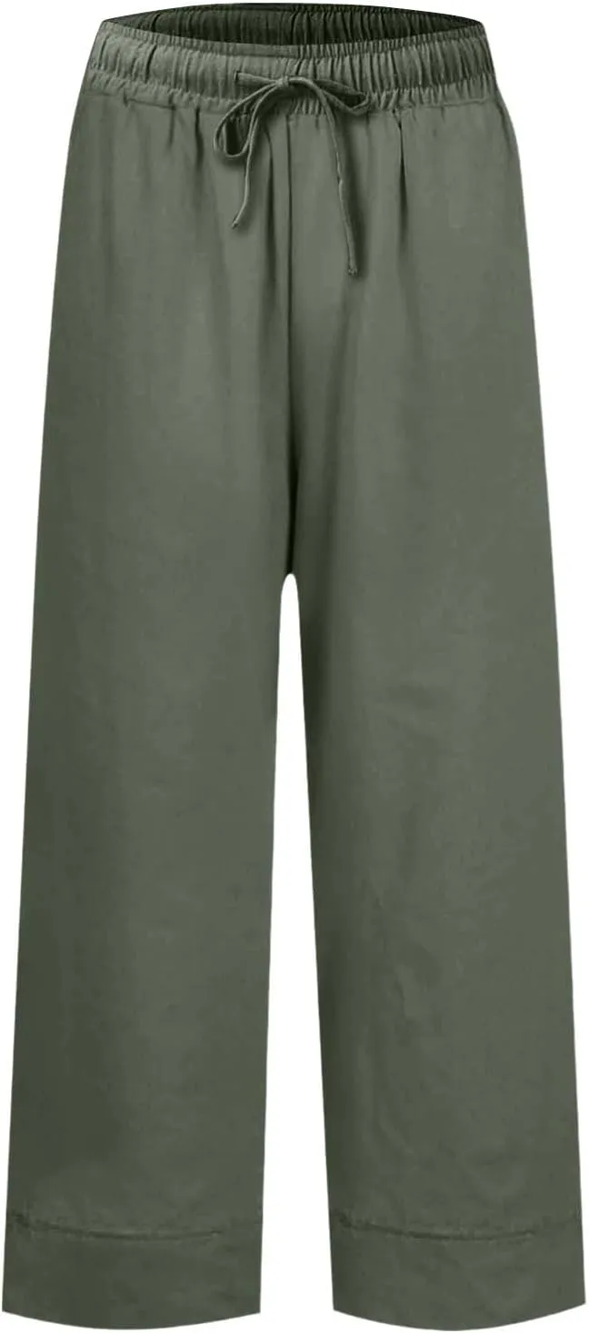 Women Linen Dress Pants Wide Leg Capri Pant Summer High Waisted Cropped Slacks Boho Flowy Palazzo Trouser with Pockets
