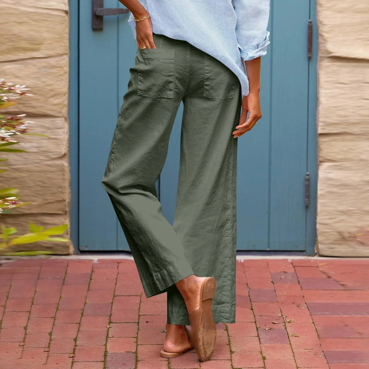 Women Linen Dress Pants Wide Leg Capri Pant Summer High Waisted Cropped Slacks Boho Flowy Palazzo Trouser with Pockets