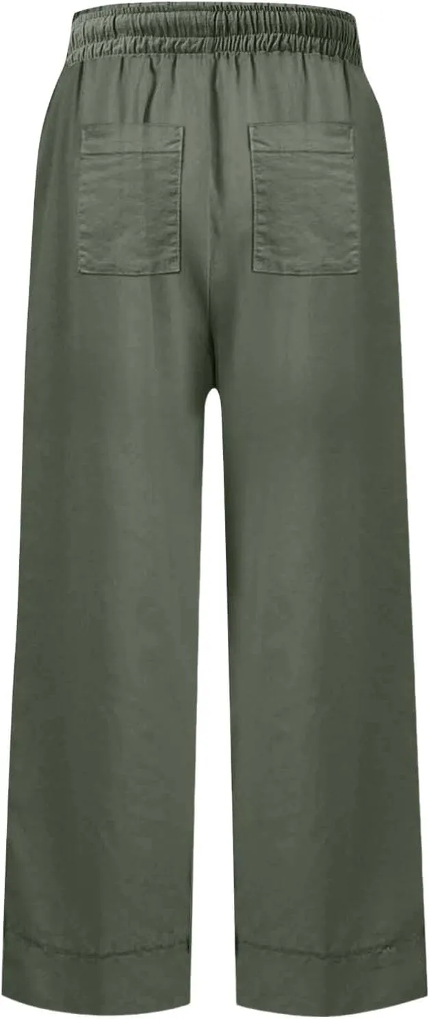 Women Linen Dress Pants Wide Leg Capri Pant Summer High Waisted Cropped Slacks Boho Flowy Palazzo Trouser with Pockets