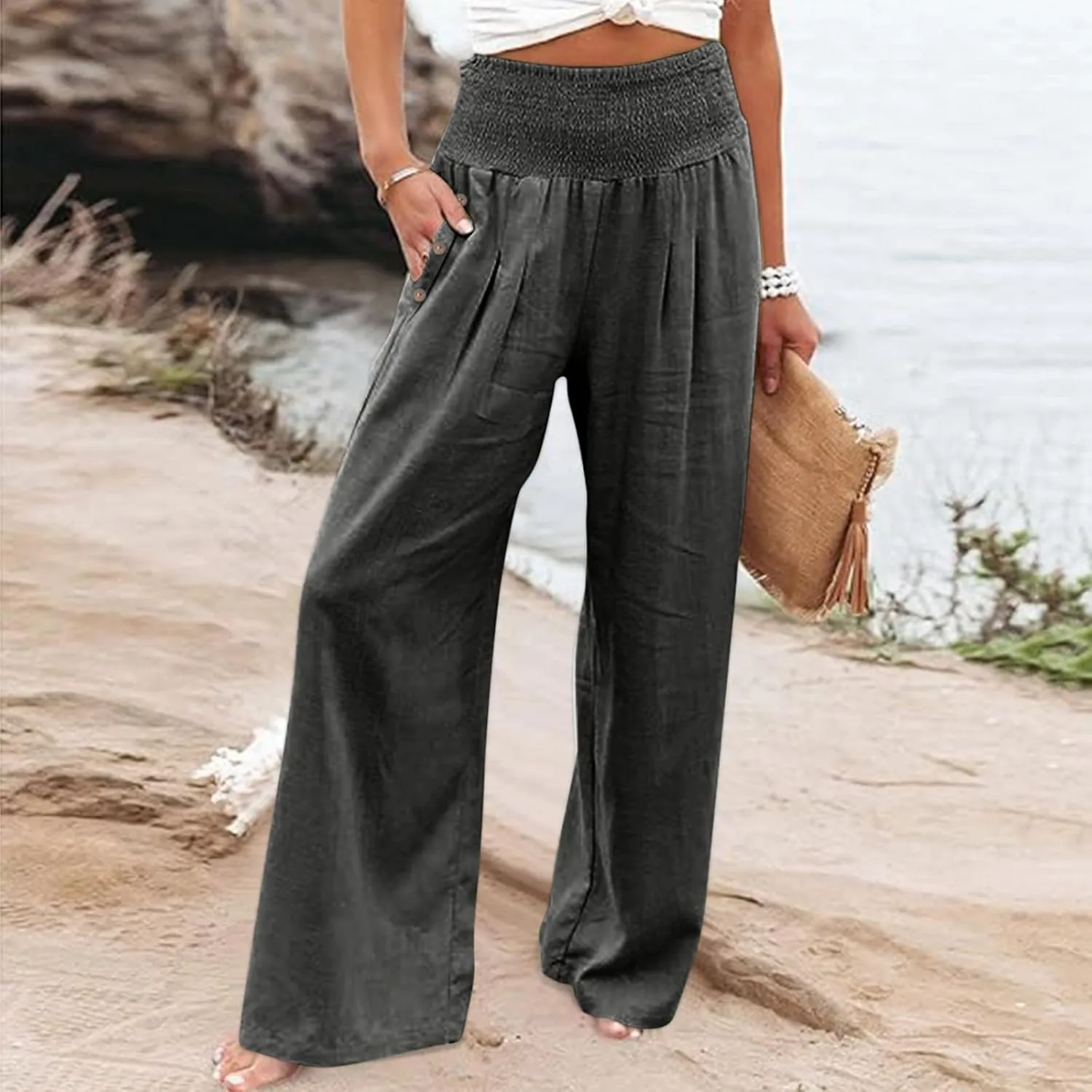 Women Linen Palazzo Pant Summer Boho Pants High Waist Pants Wide Leg Pants Cotton Flowy Trousers with Pocket