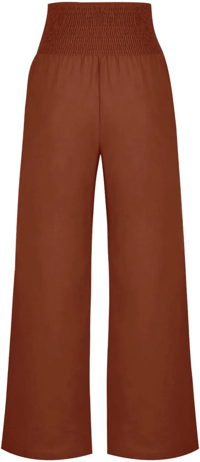 Women Linen Palazzo Pant Summer Boho Pants High Waist Pants Wide Leg Pants Cotton Flowy Trousers with Pocket