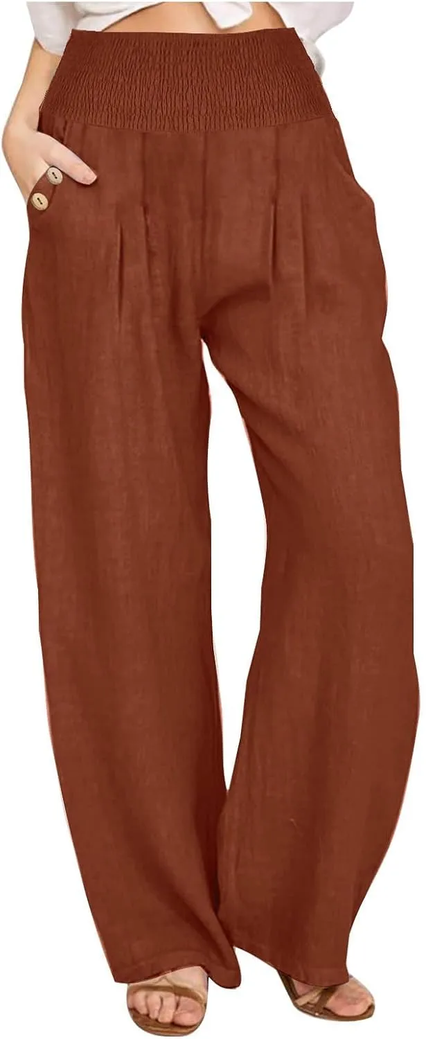 Women Linen Palazzo Pant Summer Boho Pants High Waist Pants Wide Leg Pants Cotton Flowy Trousers with Pocket