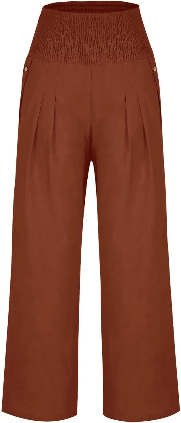 Women Linen Palazzo Pant Summer Boho Pants High Waist Pants Wide Leg Pants Cotton Flowy Trousers with Pocket